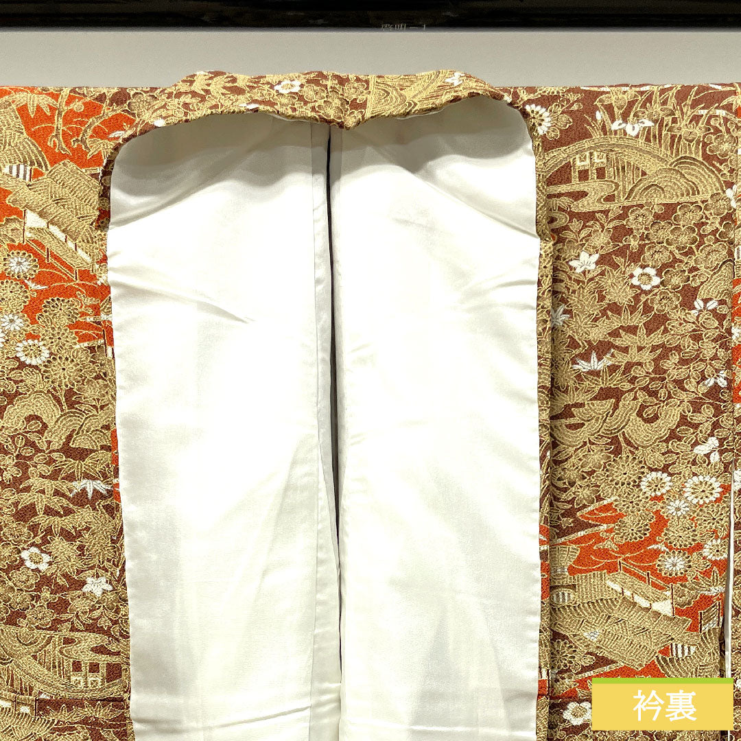 小紋 正絹 身丈157cm 裄丈64.5cm 袷  濃茶色 茶屋辻 松竹梅  Sランク 茶系 1115003602314