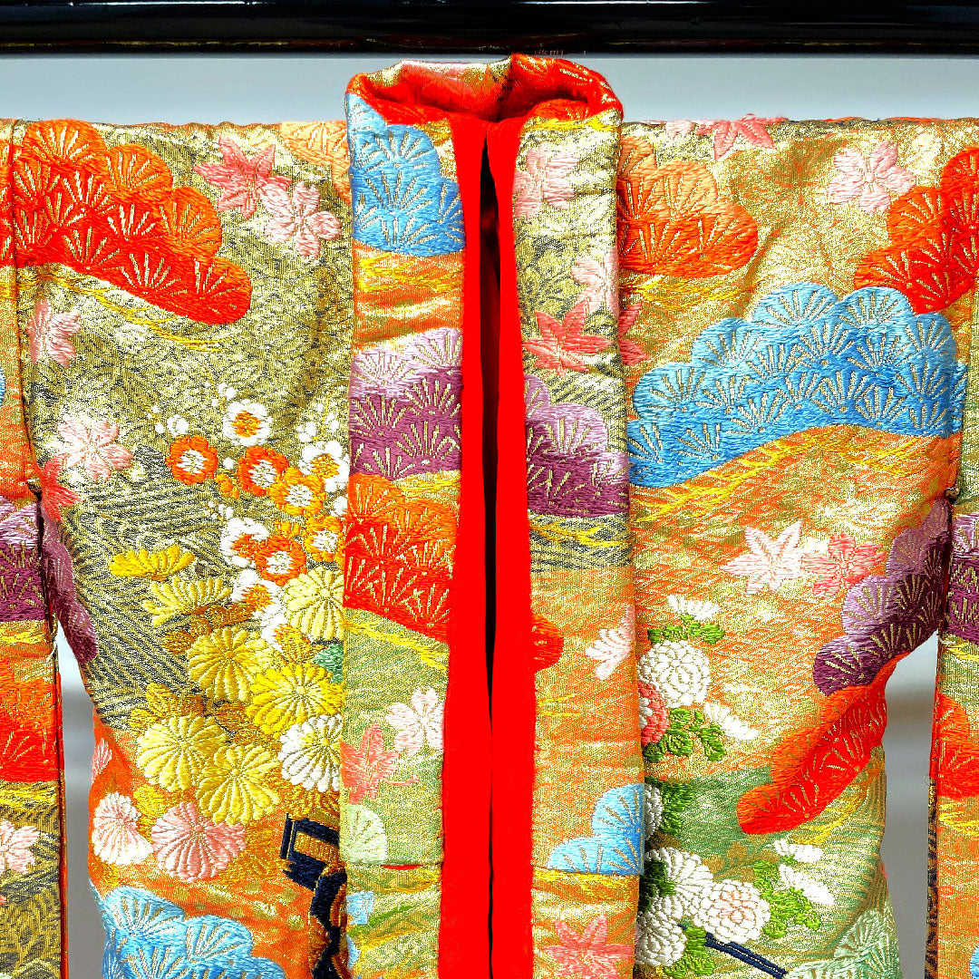 色打掛 身丈195cm  唐織 松 菊 花車 正絹 Sランク 袷 朱系 1110000412916