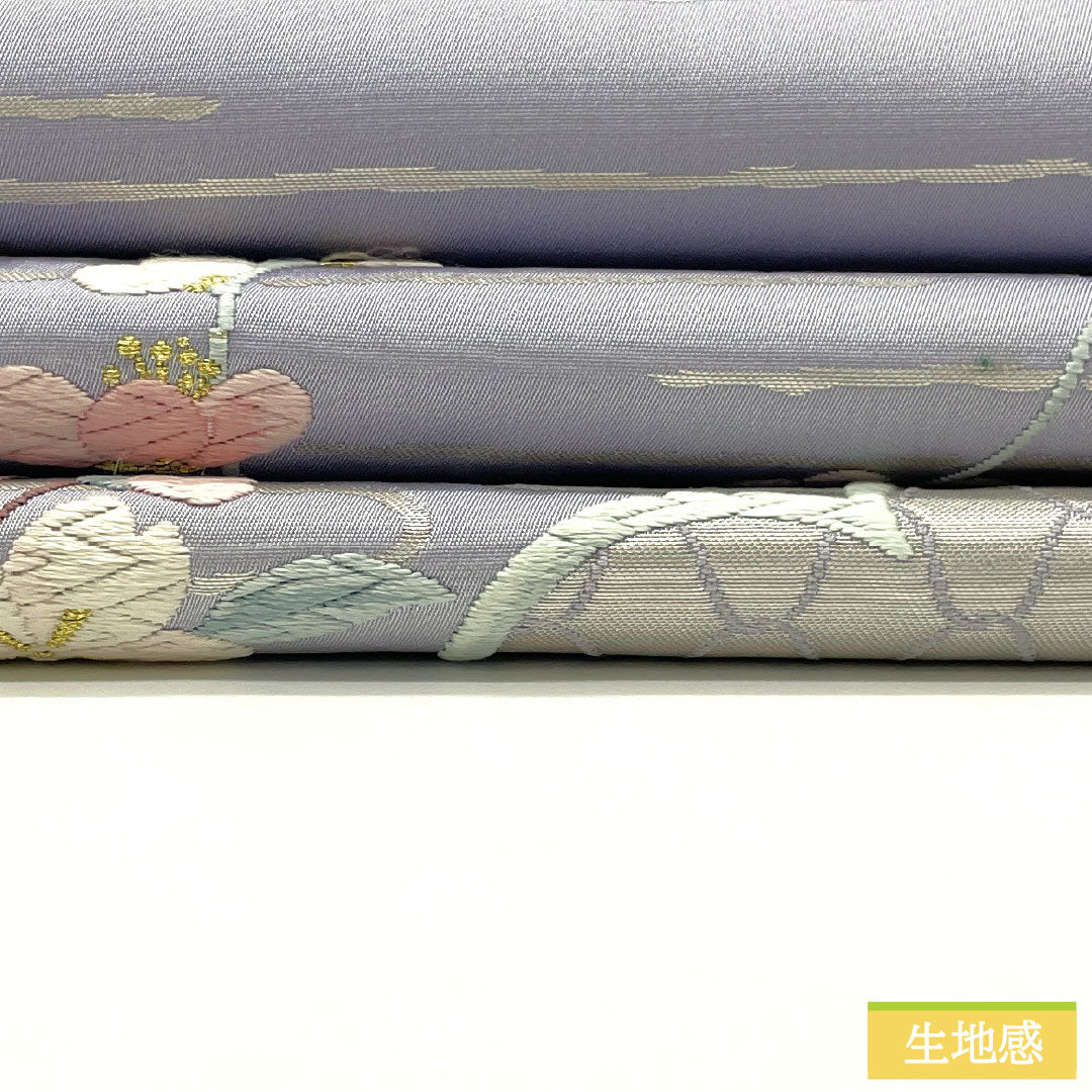 Formal obi, pure silk, grade A, white wisteria, Karaori weave, cherry blossom and plum blossom motifs, length 424cm, purple accent pattern, 1123016073320