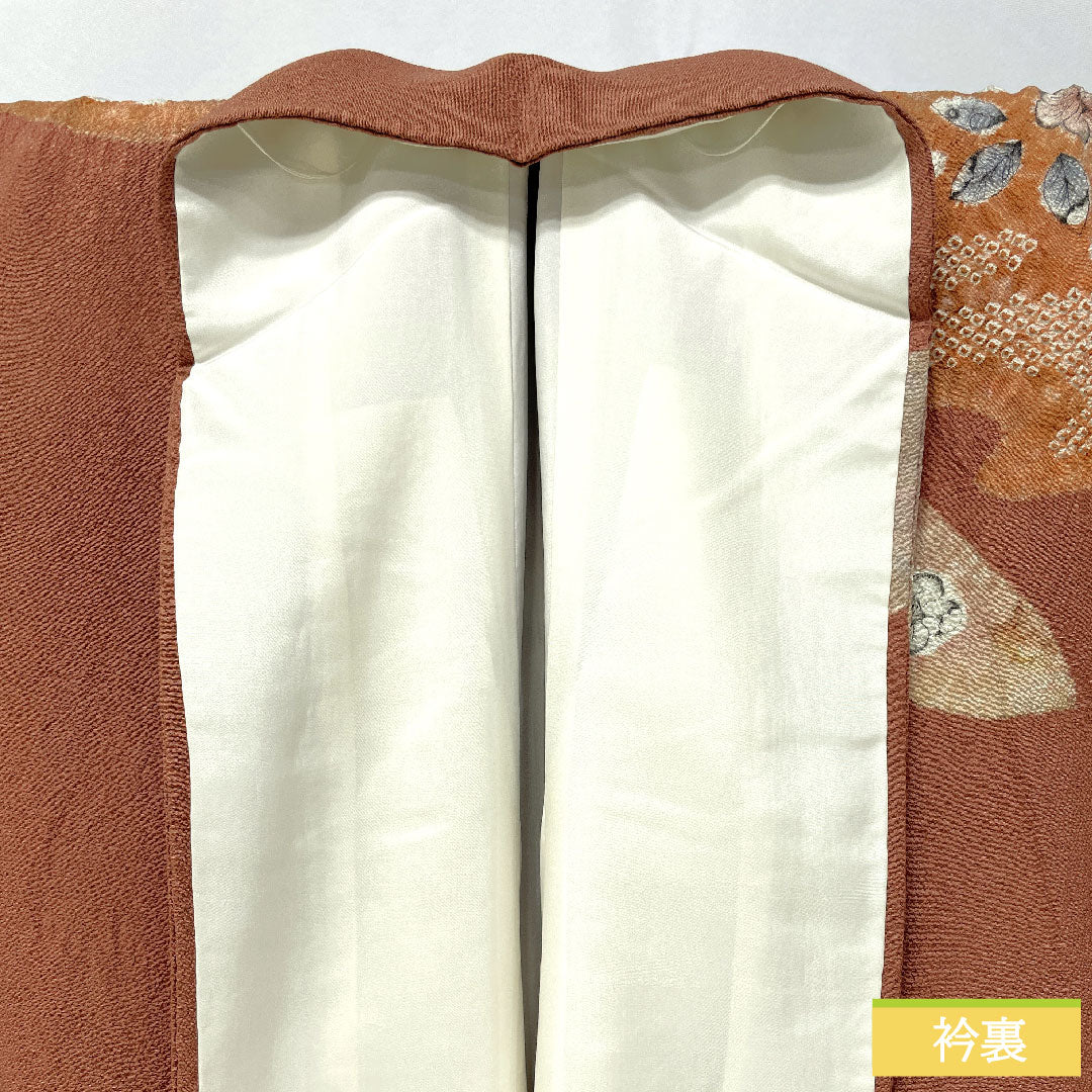 Homongi, pure silk, lined, length 154.5cm, sleeve length 62.5cm, sparrow color, Kyo-Yuzen, Tsujigahana, A rank, brown, 1112005273214