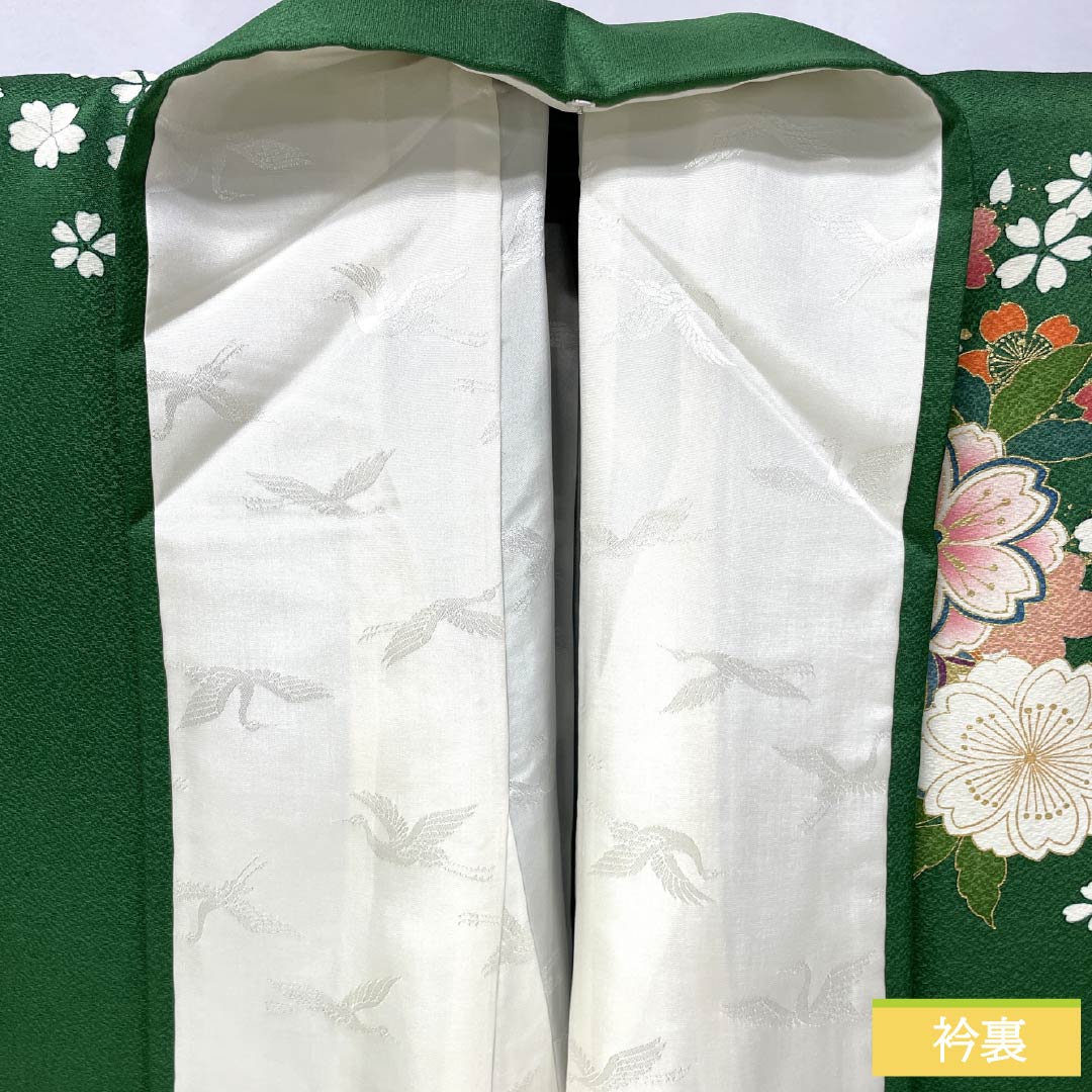 Furisode Kimono (S-Rank) - Pure Silk, S-Rank, Length 153cm, Sleeve Length 62.5cm, Lined, Green-Brown, Kyoto Yuzen Print, Cherry Blossom and Floral Design, Pearl Tone Finish, Green, Product Number: 1113002142219