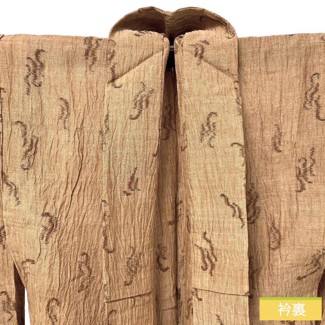 夏物 麻 紬 Sランク 身丈153.5cm 裄丈62cm 薄茶色（うすちゃいろ） 小千谷縮 抽象模様 紗 茶系 1132003792214
