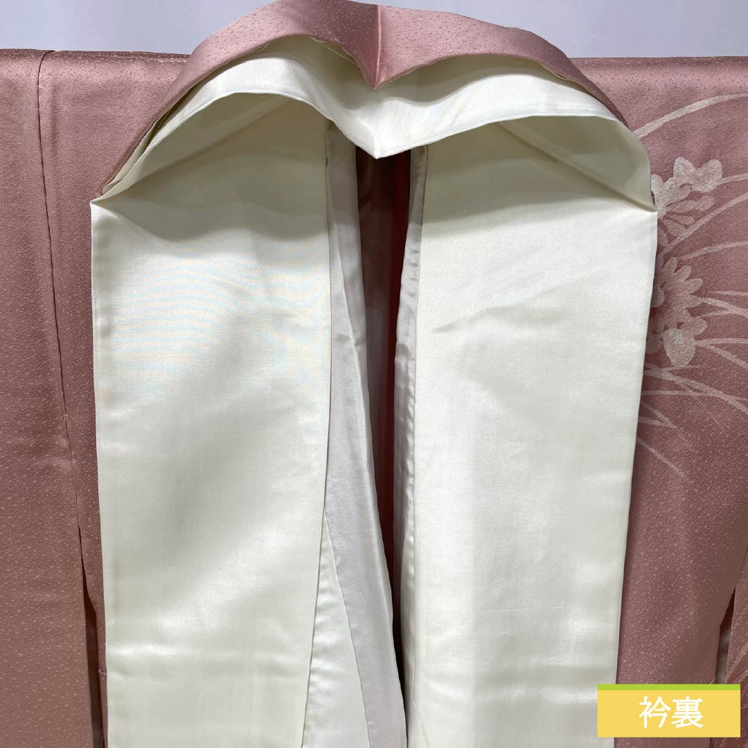 Homongi (visiting kimono) made of pure silk, grade A, with a lined lining, length 155cm, sleeve length 62cm, light crest (asabe niiro), single crest, batik (wax-resist dyed) floral motif, layered collar, pink, product number 1112006323313
