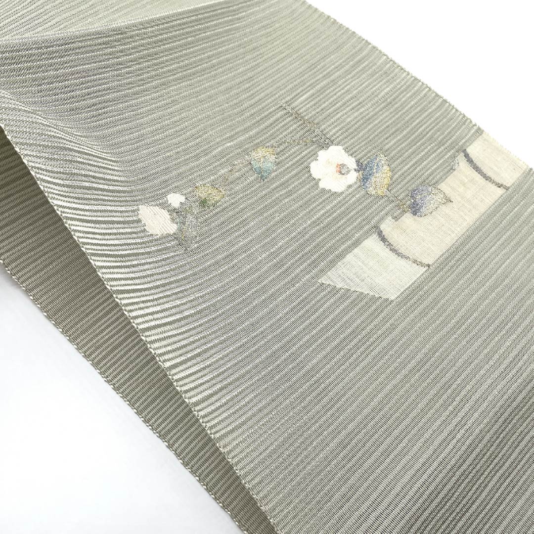 Nagoya Obi, Pure Silk, Rikyu Nezumi-iro (Gray), Summer Obi, Sukui Weave, Single Flower Vase, Length 367cm, S Rank, Point Pattern, Semi-Formal, Gray, 1124008672322, Pine Needle Pattern