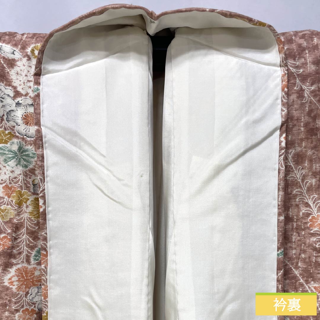 Komon (small pattern) kimono, pure silk, length 162.5cm, sleeve length 62cm, lined, light purple (asa-kisu-iro) color, tsumugi fabric, Tsujigahana (flower) pattern, A rank, pink, 1115006233413