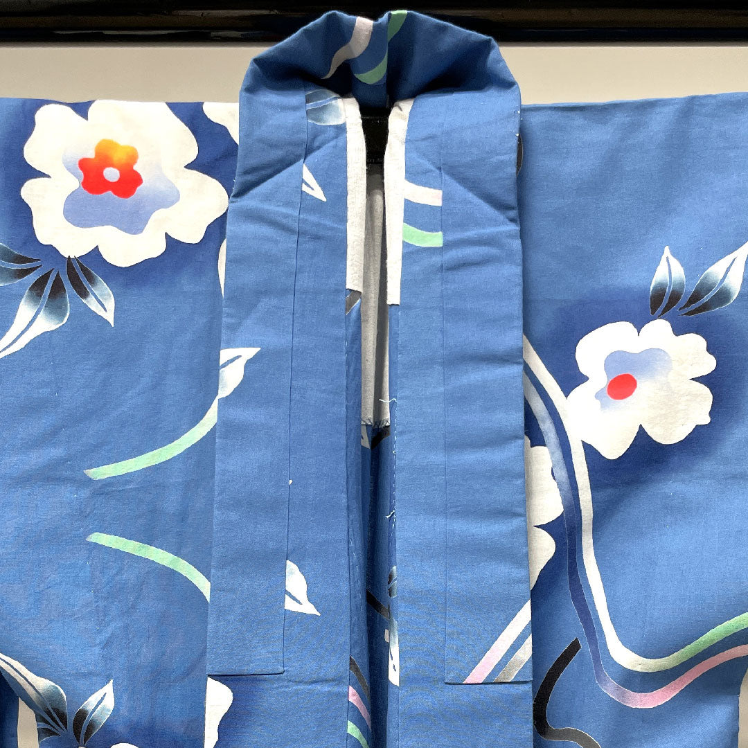 Yukata, sky blue, floral pattern, cotton, S rank, single layer, length 152cm, sleeve length 63cm, blue 1118003342217