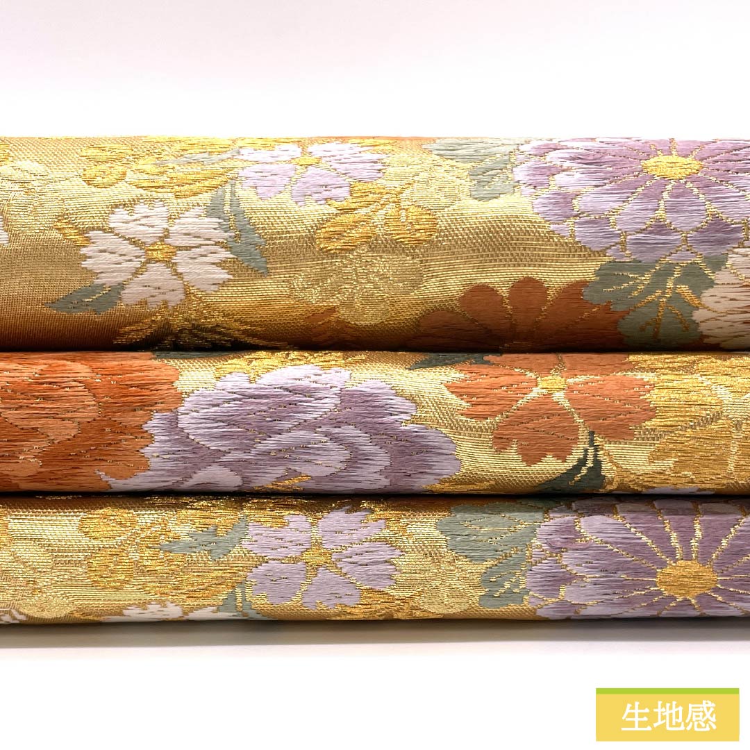 Formal, pure silk obi for formal kimono, featuring a Goshoguruma (imperial carriage) design, wisteria flowers, and peonies. Length: 416cm. S rank. Six-fold hem. Gold accents. Product number: 1123014512321.