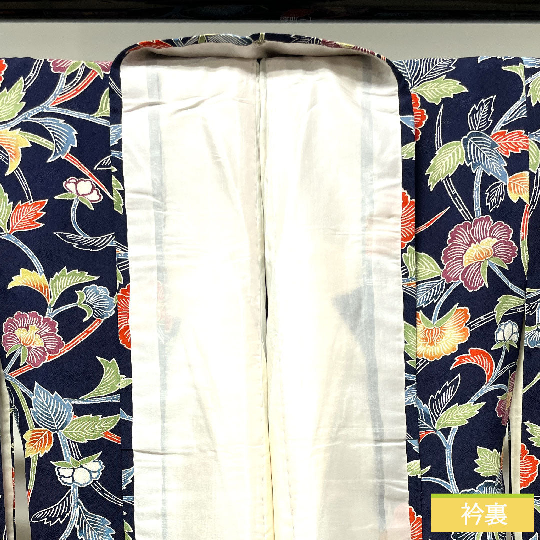 Small pattern, pure silk, length 155cm, sleeve length 62.5cm, lined, navy blue bellflower color, Kyoto Bingata, floral pattern, rank B, navy blue, 1115003784318