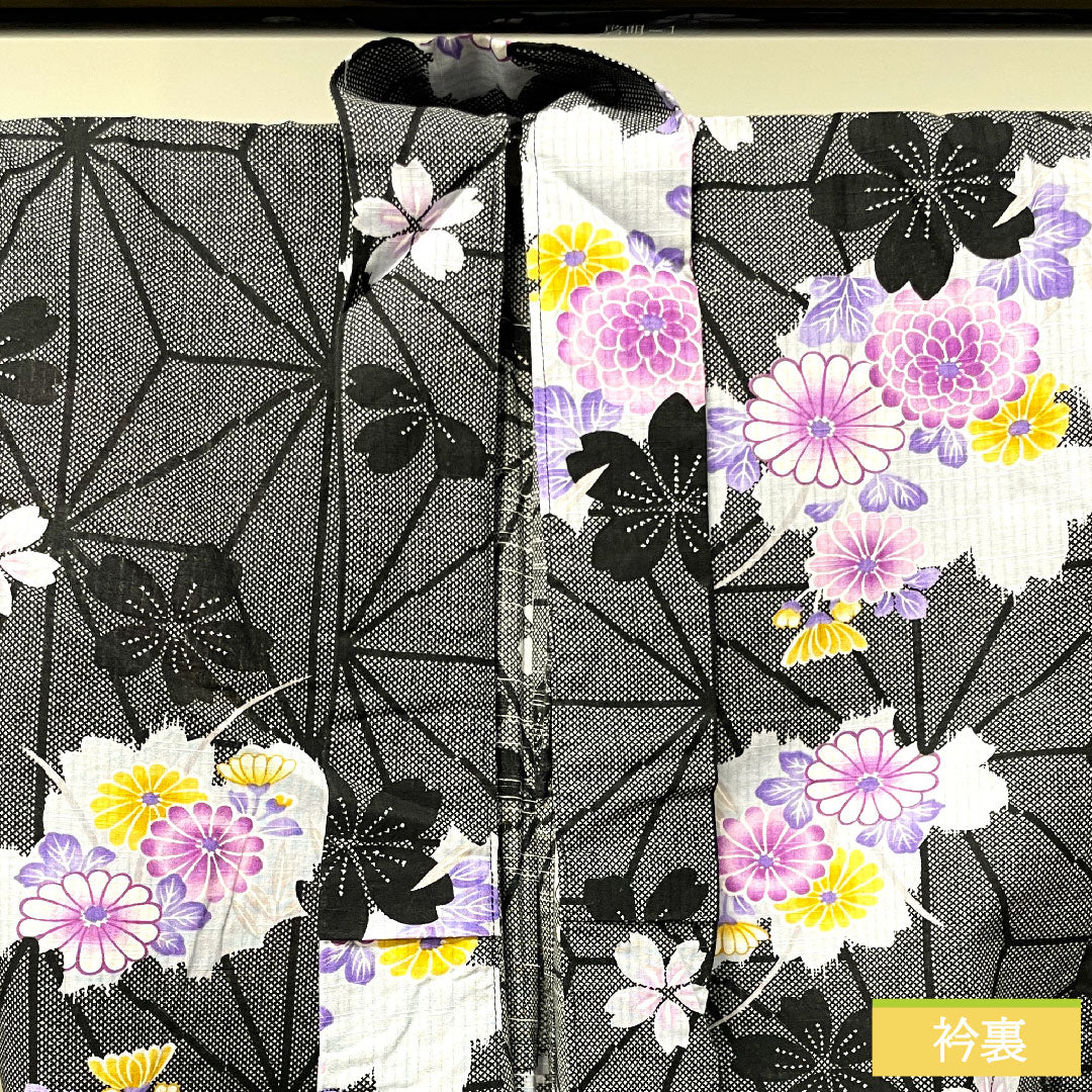 Yukata Cotton Length 160cm Sleeve length 64cm S rank Single layer Black Hemp leaf Chrysanthemum Cherry blossom 1118004532410