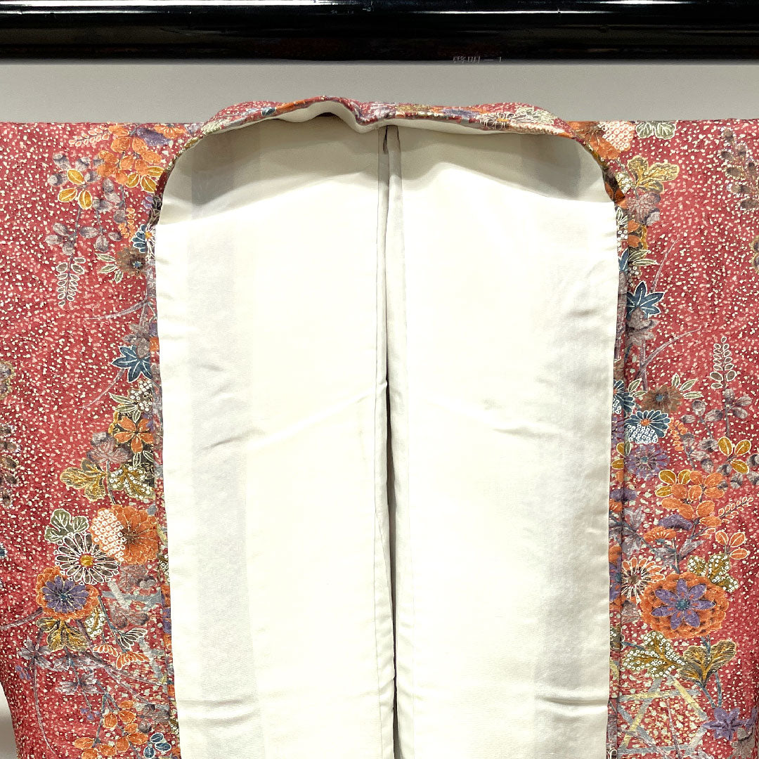 小紋 身丈163.5cm 裄丈64cm 袷  小豆色 草花模様  正絹 Aランク 赤系 1115003293412