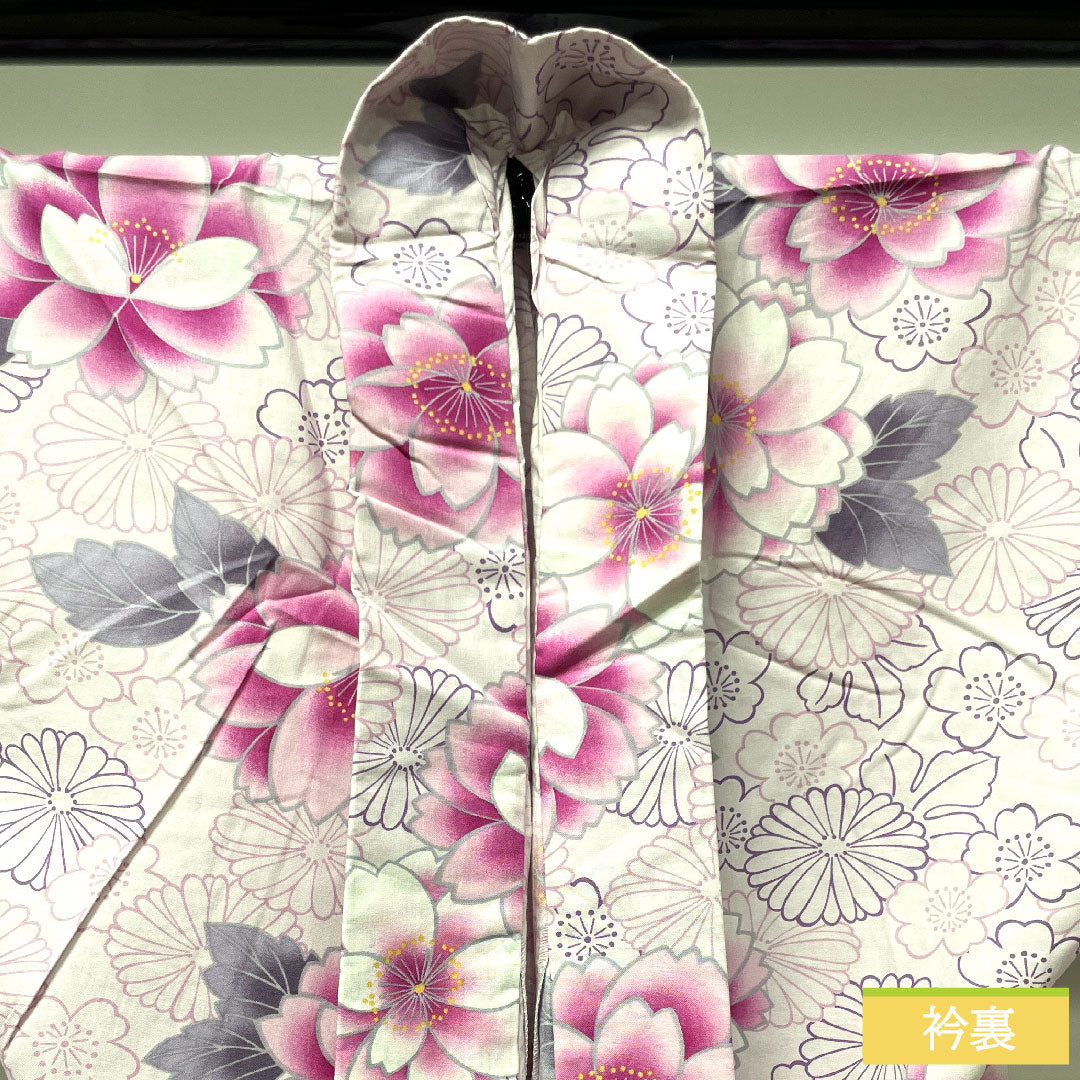 浴衣 木綿 身丈163cm 裄丈64.5cm Sランク 単衣 ピンク系 桜色（さくらいろ） 桜 菊 1118004542413