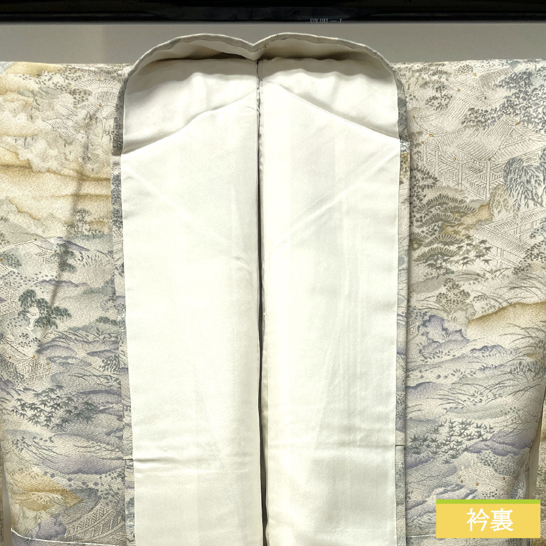 小紋 正絹 身丈159cm 裄丈65.5cm 袷  銀白色 風景模様 しつけ糸付き 未使用品  Sランク グレー系 1115003722322