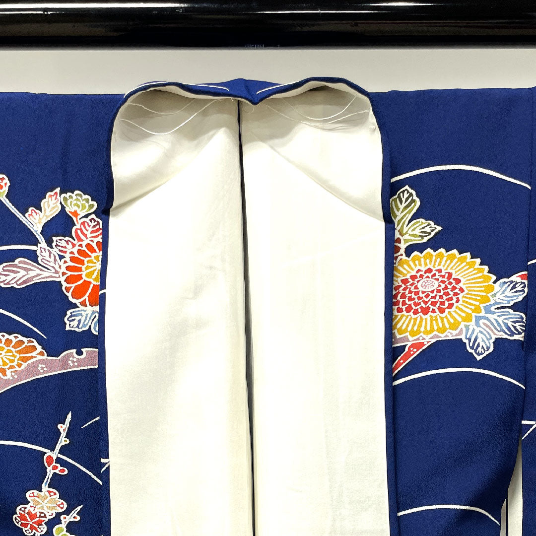 小紋 身丈156.5cm 裄丈62cm 袷  紺藍色 京紅型 菊 露芝  正絹 Sランク 紺系 1115003382318