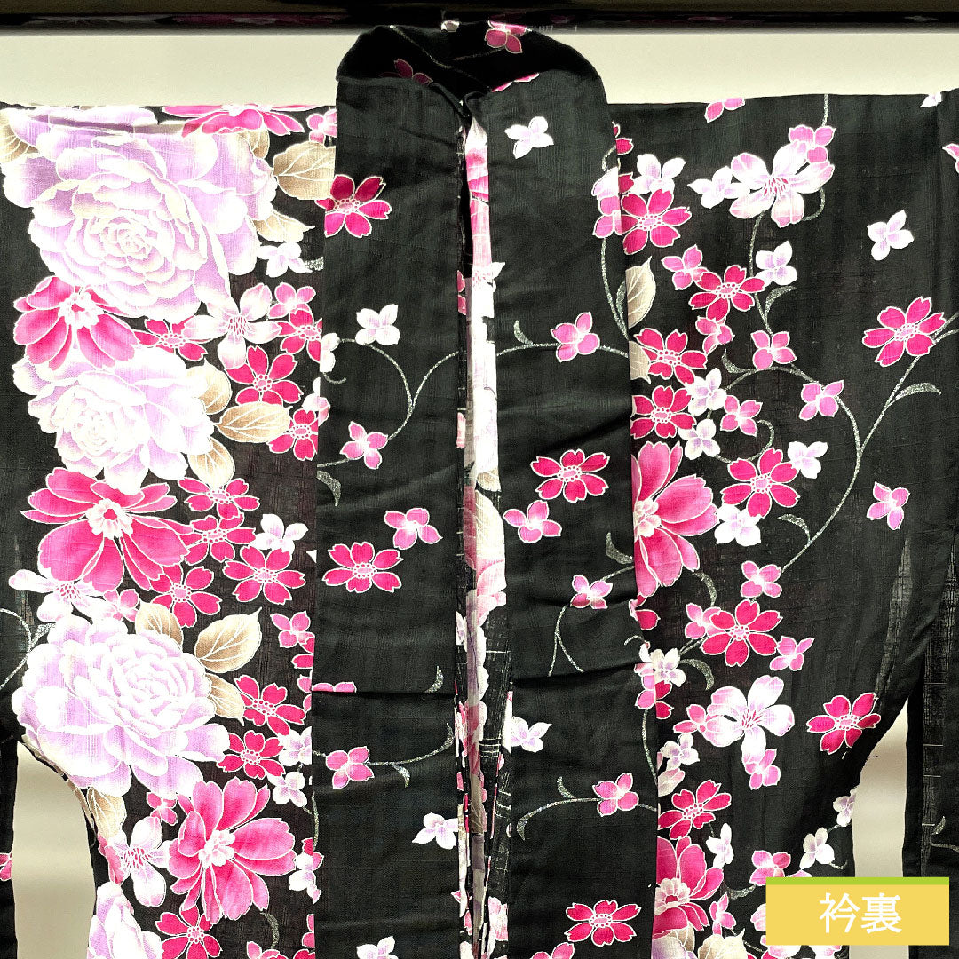 浴衣 木綿 身丈165.5cm 裄丈64.5cm Sランク 単衣 黒系 薔薇 桜 1118004512510