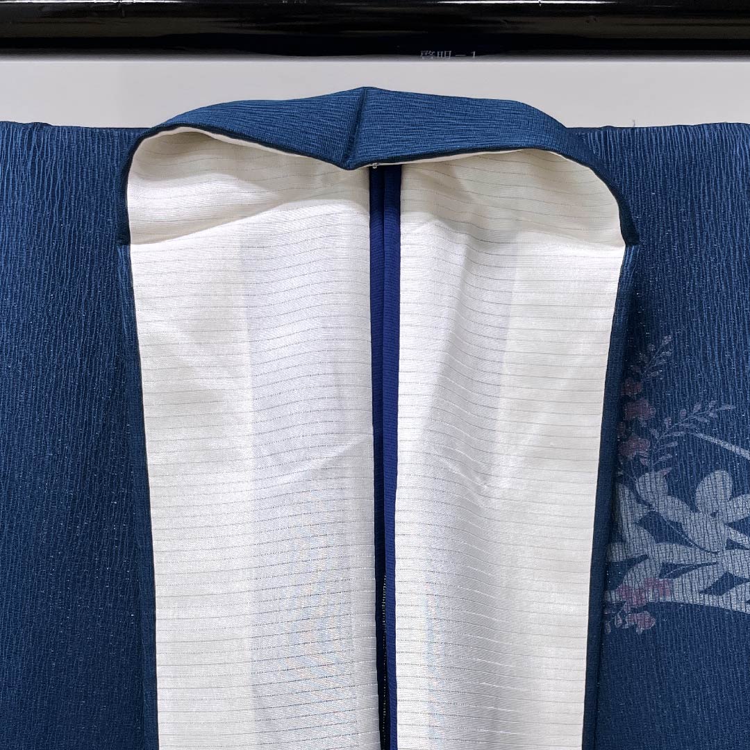 夏物 正絹 訪問着 身丈158cm 裄丈63.5cm 濃藍色（こいあいいろ）草花模様 二重紗 Sランク 紺系 1132000142318
