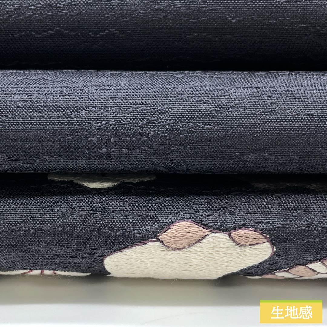 袋帯 正絹 鋼色（はがねいろ） 刺繍 象 鳥 帯丈438cm Sランク ポイント柄 カジュアル 紺系 1123013052318