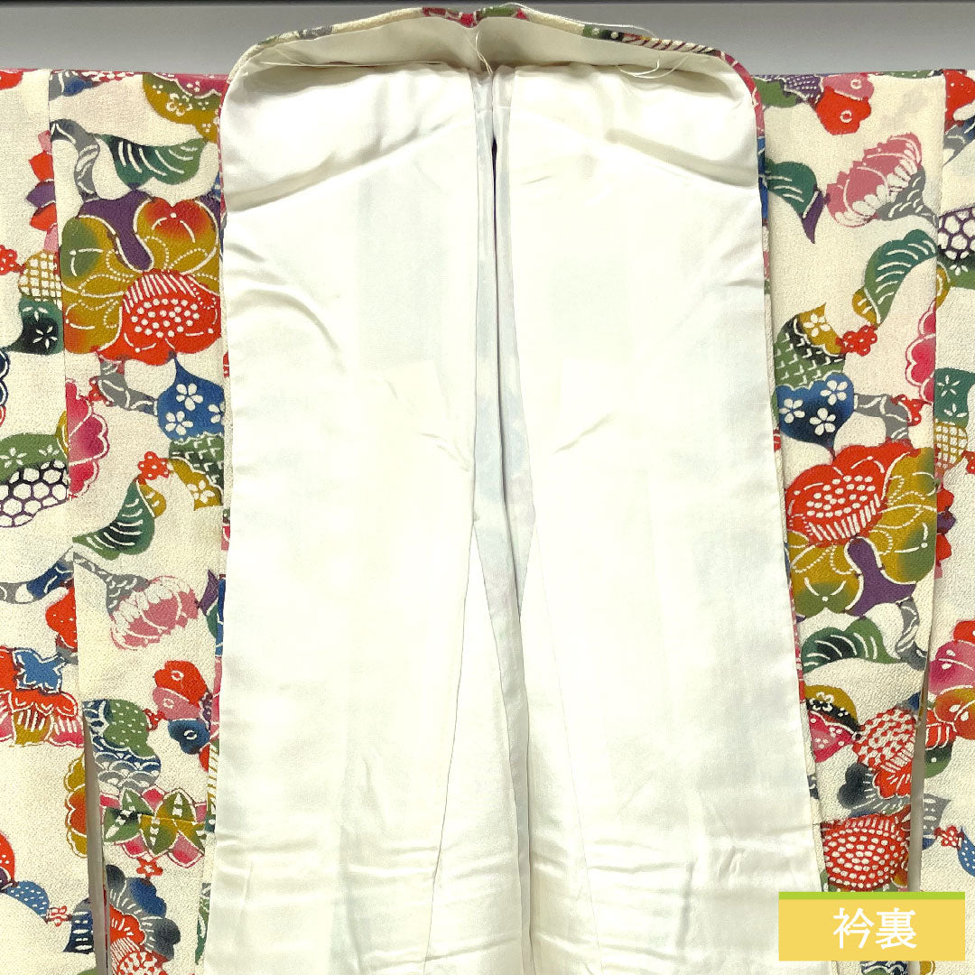 Komon, pure silk, length 158cm, sleeve length 62cm, lined, milky white, Kyoto Bingata, floral pattern, A rank, cream color, 1115004293315