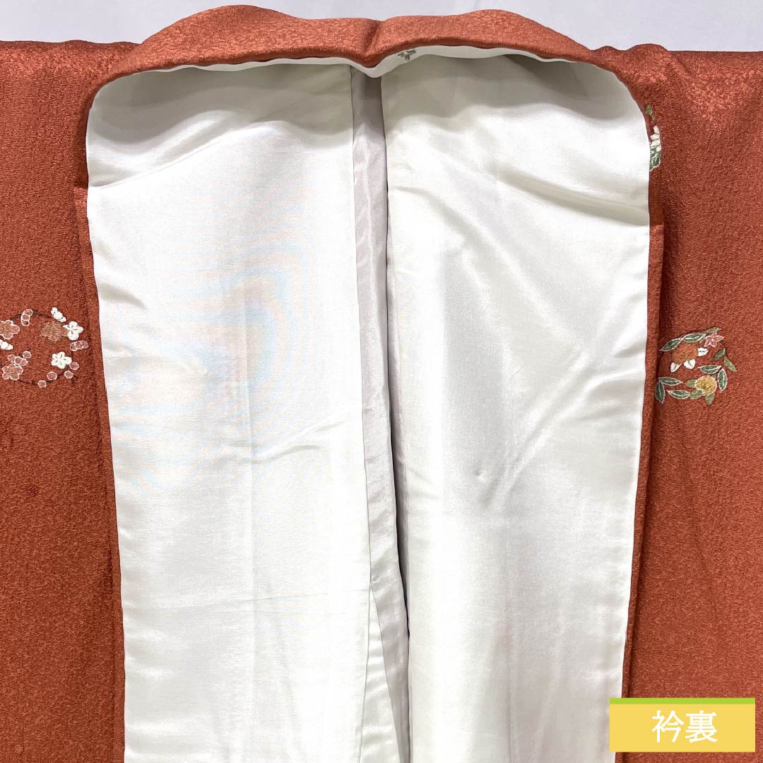 小紋 正絹 身丈163.5cm 裄丈66.5cm 袷 紅唐色（べにとういろ） 型染 花輪 Sランク 朱系 1115006072416