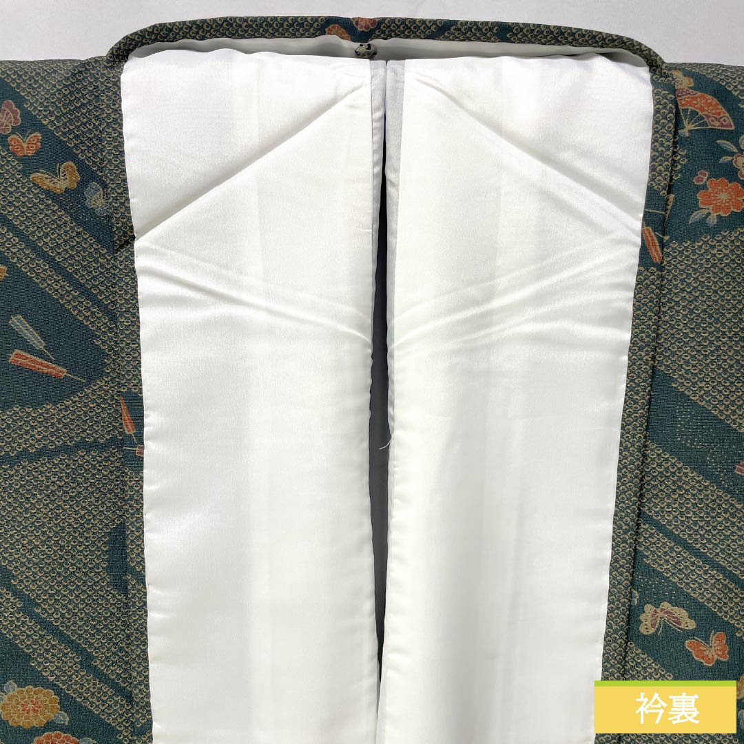 Small pattern, polyester, length 159cm, sleeve length 67cm, lined, iron color, washable kimono, flowing water, butterfly, S rank, green, 1115005192319