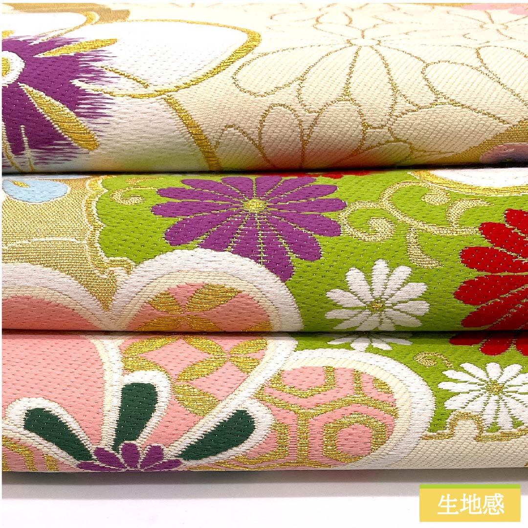 袋帯 正絹 生成り色（きなりいろ） 梅 菊 七宝 花唐草 帯丈434cm Sランク 六通 フォーマル クリーム系 1123011712315