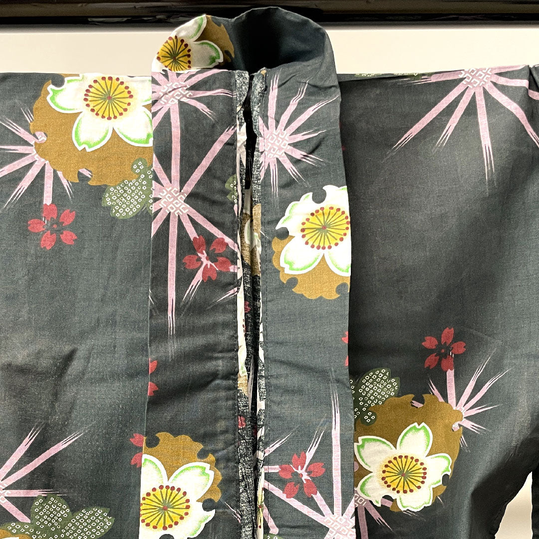 Yukata, Snowflake, Cherry Blossom, Asanoha, Cotton, S Rank, Single Layer, Length 164.5cm, Sleeve Length 64cm, Black, 1118002212410