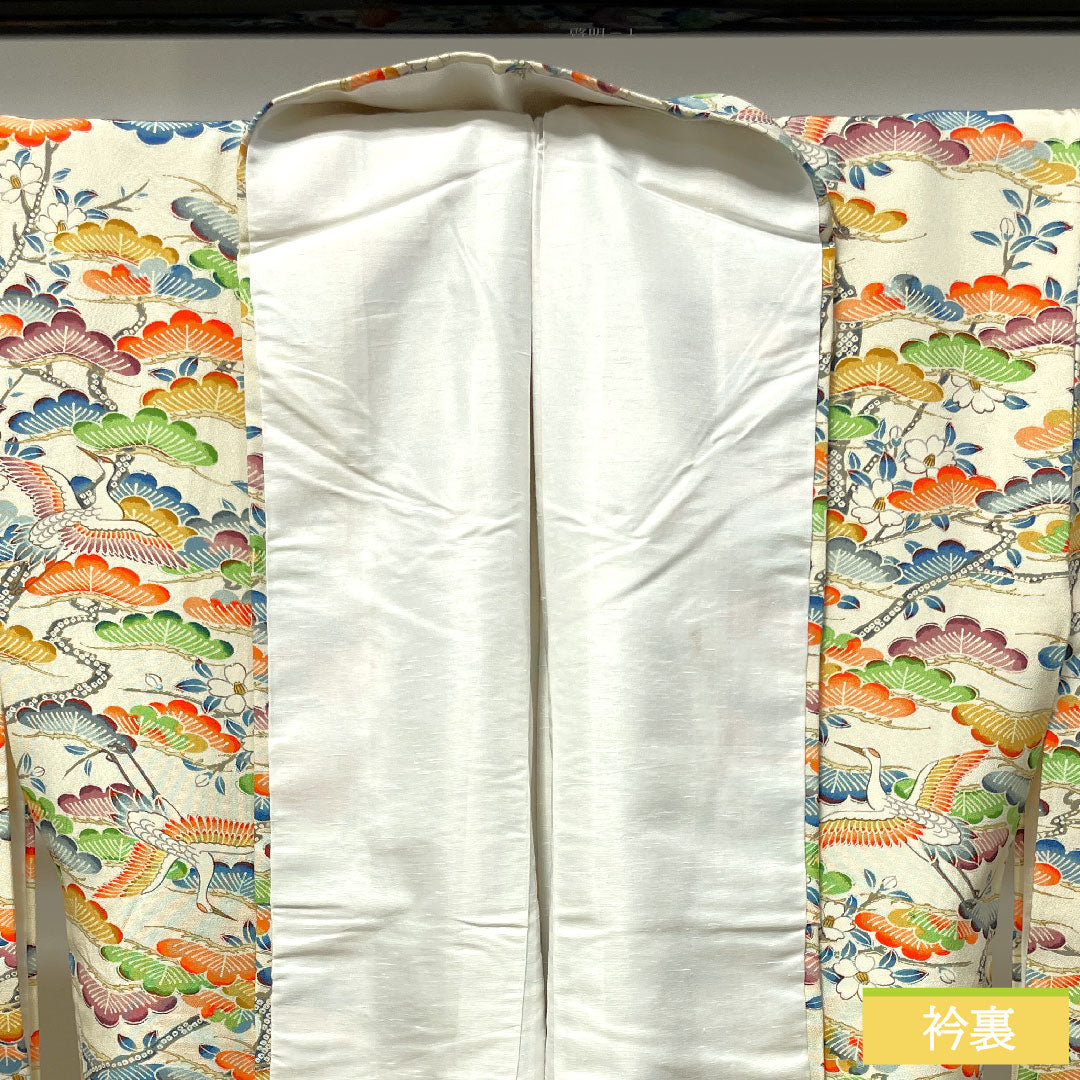 小紋 クリーム系 身丈152.5cm 裄丈67.5cm 袷  乳白色 松 鶴  正絹 Aランク 1115003743215