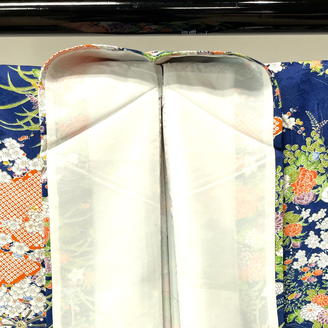 小紋 身丈160cm 裄丈65cm 袷  濃藍色 洗える着物 花車 草花模様  ポリ Sランク 紺系 1115003302418