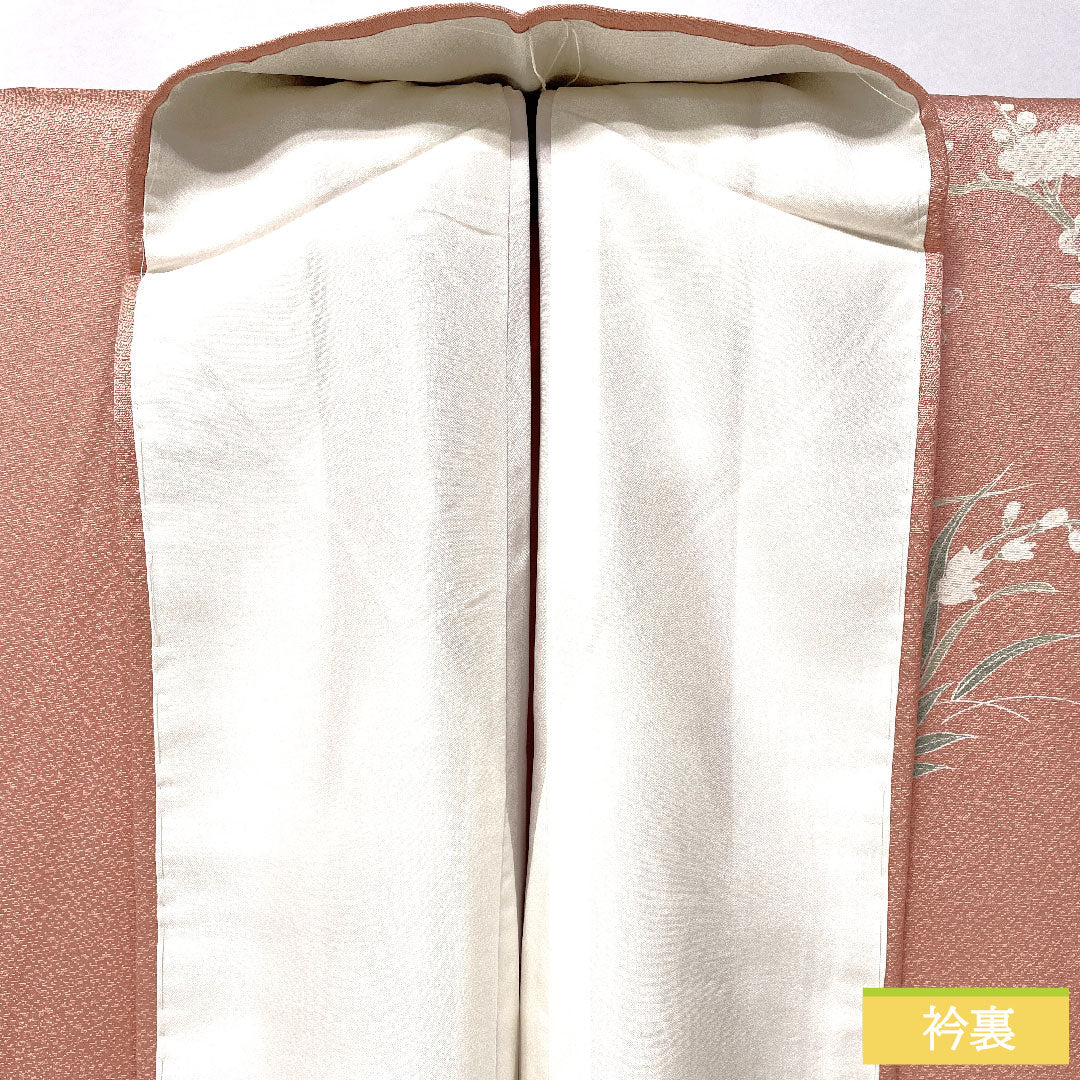 Homongi, pure silk, lined, length 162cm, sleeve length 64cm, Shinonome-iro, Kyoto Yuzen, floral pattern, with basting thread, S rank, pink, 1112005692413