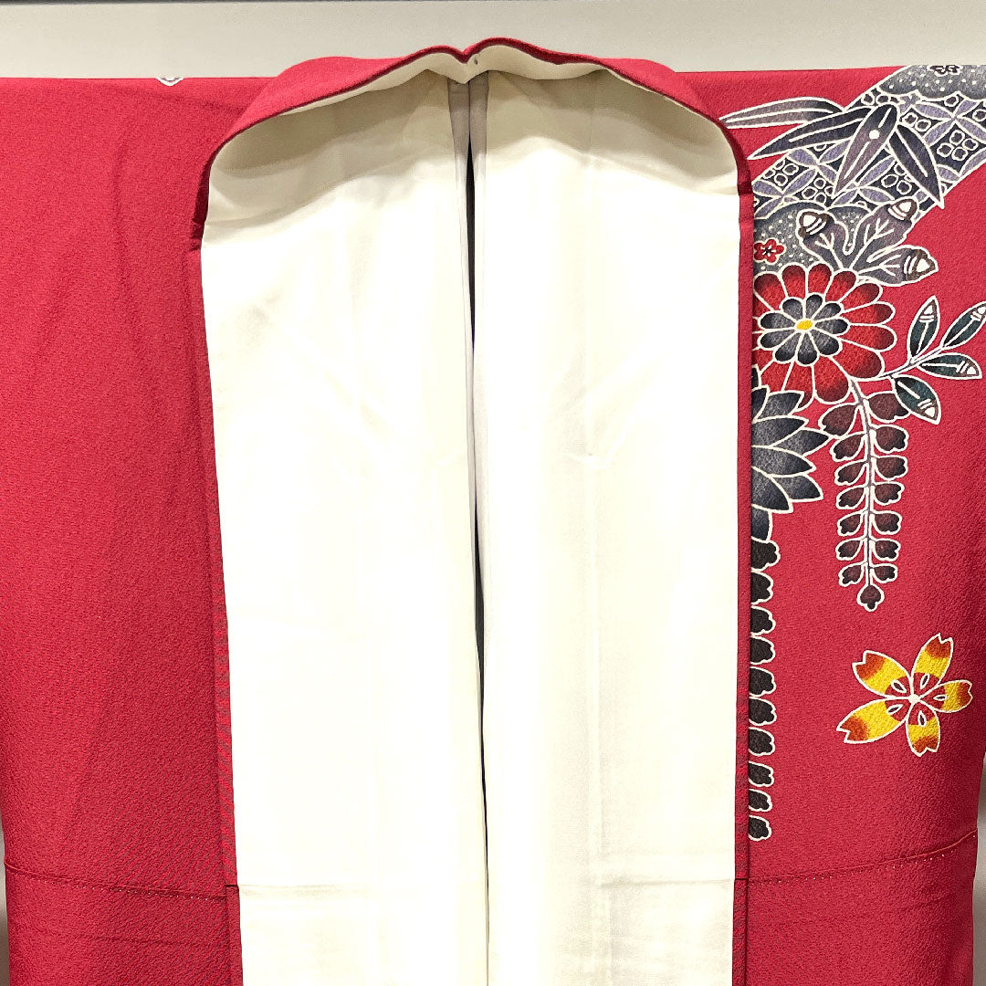 振袖 身丈167cm 裄丈68cm 袷  真紅色 京紅型 吉祥文様 スコッチガード加工  正絹 Sランク 赤系 1113001692512