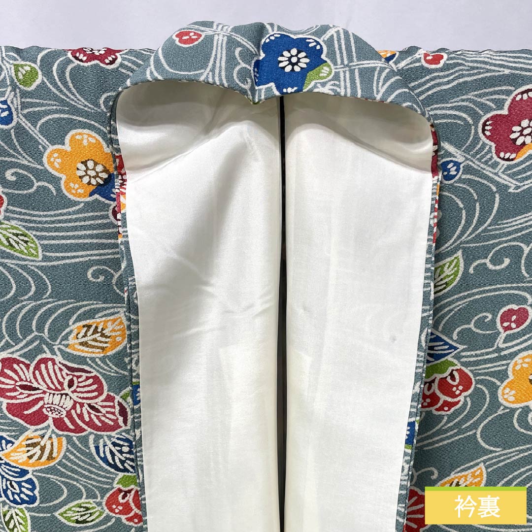 小紋 正絹 身丈169.5cm 裄丈68.5cm 袷 山藍摺色（やまあいずりいろ） 京紅型 ちりめん地 流水 草花模様 Aランク 青系 1115006163517