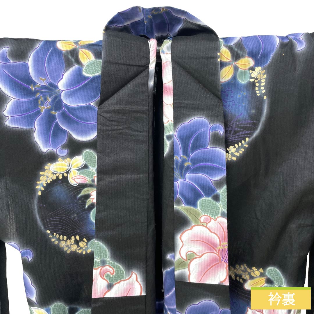 浴衣 木綿 Sランク 身丈168cm 裄丈67.5cm 黒色 山本寛斎 百合 花輪 単衣 黒系 1118006952510