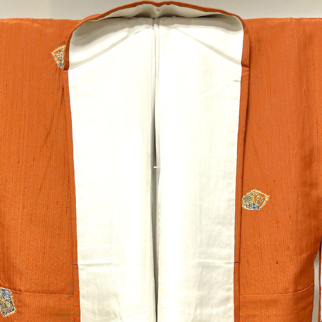 Tsumugi, Length 157cm, Sleeve length 65cm, Orange, Abstract pattern, Pure silk, S rank, Lined, Brown, 1116002802314