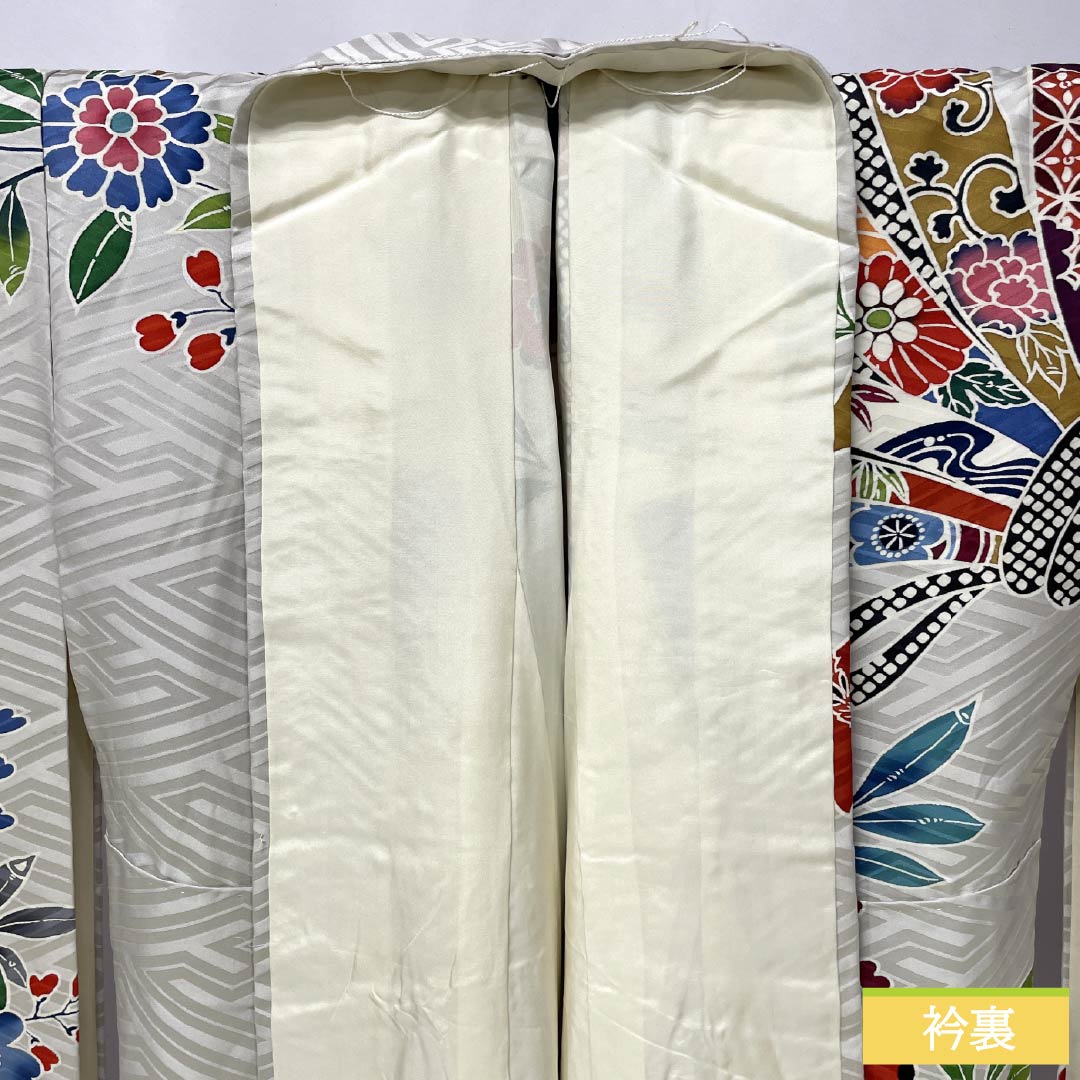 振袖 正絹 Sランク 身丈160.5cm 裄丈64cm 袷 銀白色（ぎんはくしょく） 京友禅 束ね熨斗 紗綾形 グレー系 1113002462422