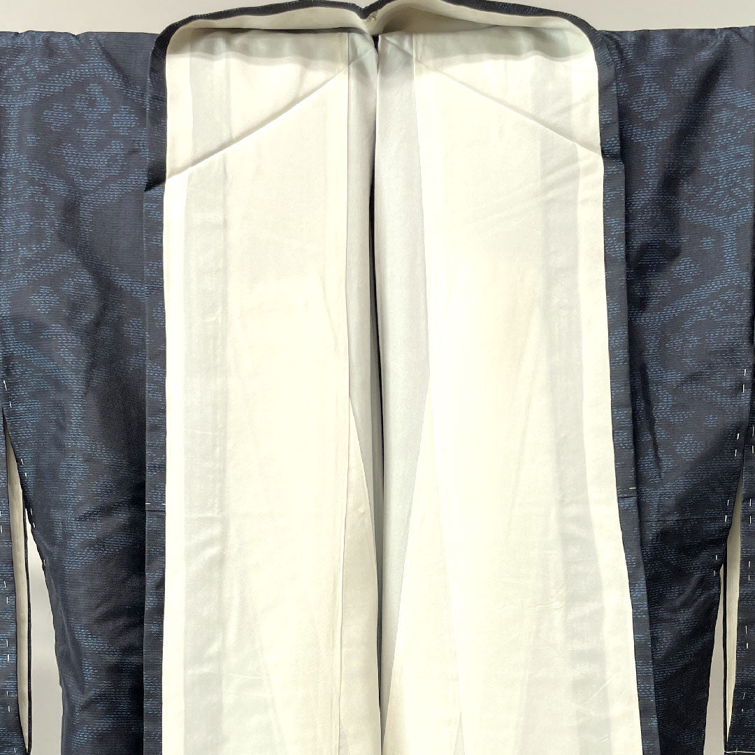Oshima Tsumugi, Length 160cm, Sleeve length 65.5cm, Dark navy, Weft kasuri, Tortoiseshell, Pure silk, A rank, Lined, Navy, 1116002613418