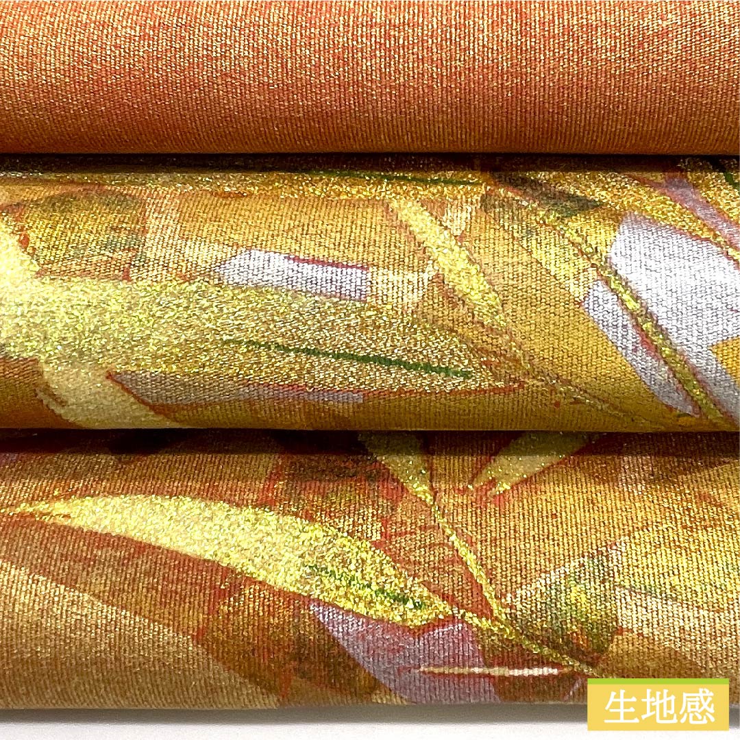 Fukuro Obi (Copper-colored obi) with bamboo leaves, length 414cm, pure silk, rank S, point pattern, semi-formal, gold-based, 1123009692321