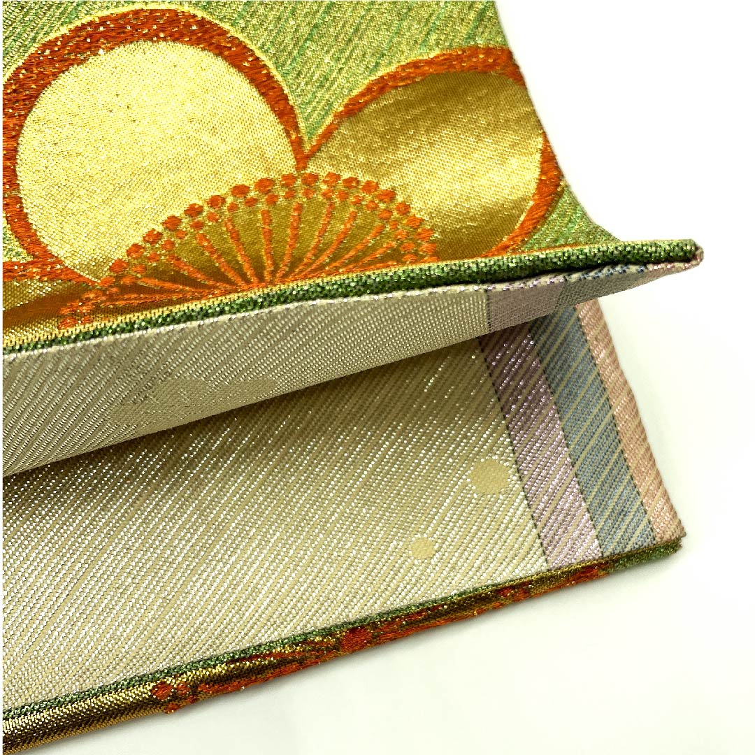 Fukuro Obi (Fukuro obi) in Wakaba-iro (young leaf color) with plum and lame, for long-sleeved kimono, obi length 440cm, pure silk, A rank, six-pass, formal, green, 1123003213319