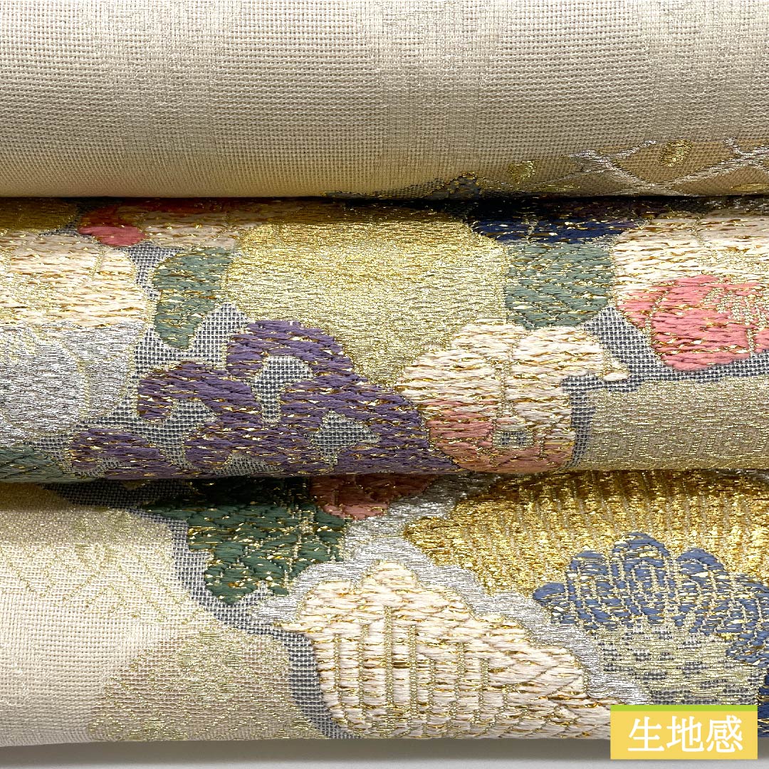 Fukuro Obi, pure silk, off-white, classic pattern, floral pattern, cloud pattern, obi length 446cm, S rank, six-pass, semi-formal, white, 1123010762311