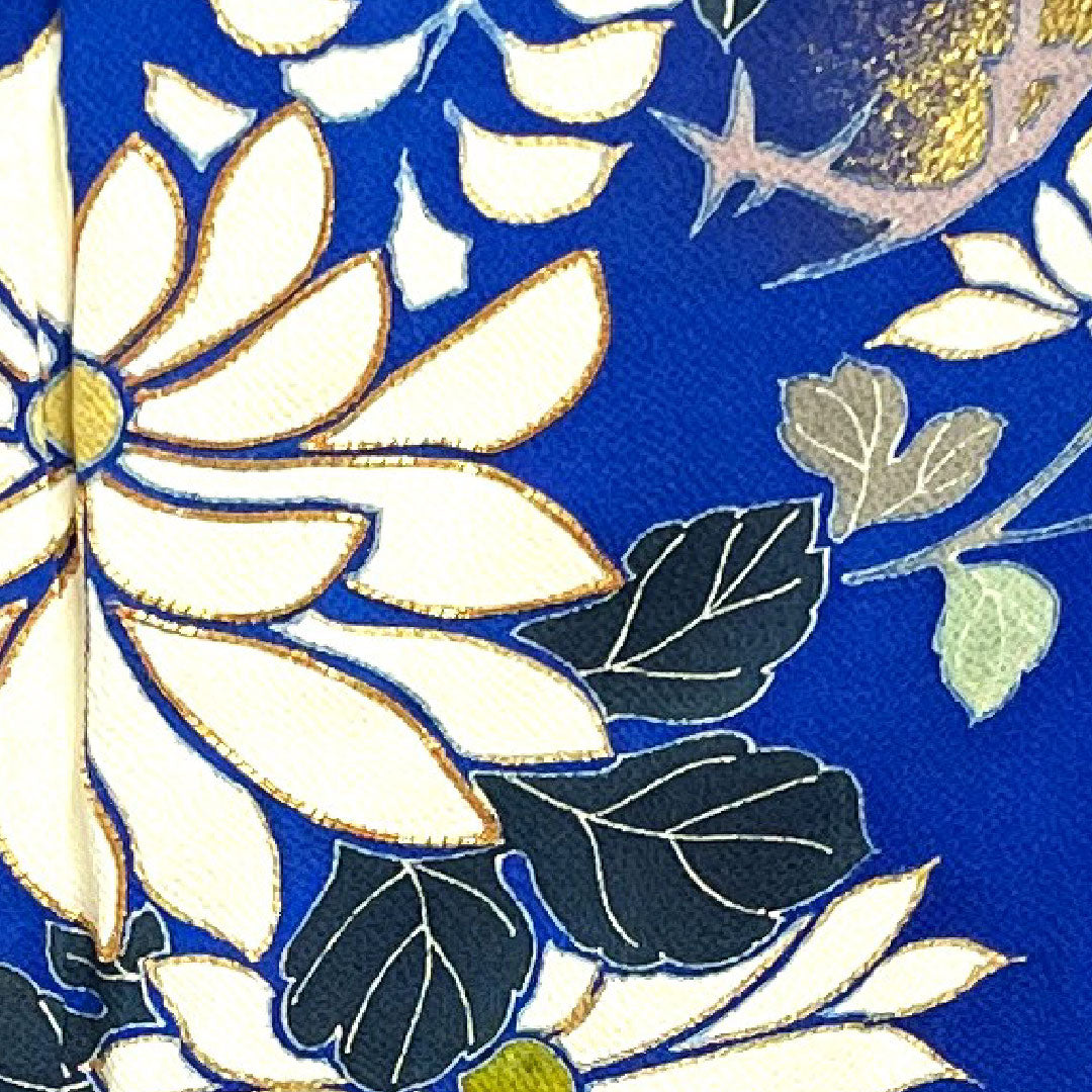 訪問着 袷 身丈163cm 裄丈68cm 瑠璃紺色 桜 菊 椿 正絹 Aランク 青系 1112001683417