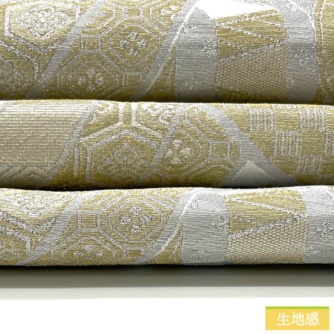 [Unfinished] Fukuro obi, polyester, A rank, lead white (enpaku-iro), for Tomesode, Gosho Guruma, auspicious patterns, tortoise shell, obi length 436cm, Rokutsu, formal, white family, 1123013503311