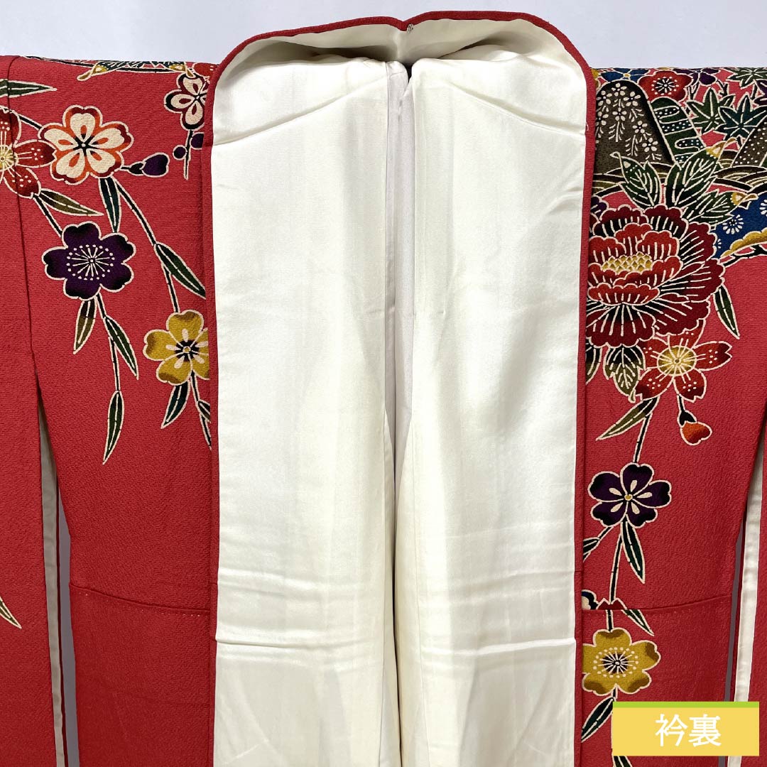 振袖 正絹 Sランク 身丈162.5cm 裄丈68cm 袷 紅絹色（もみいろ） 京紅型 吉祥文様 草花 扇面 流水 赤系 1113002672412