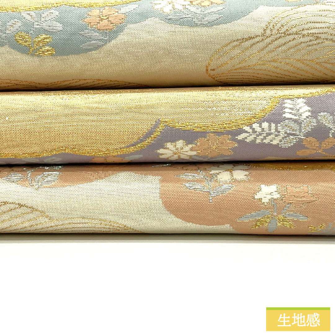 Fukuro obi, pure silk, A rank, Nishijin-ori, cloud patterns, small flowers, obi length 428cm, rokkutsu, formal, silver tones, 1123017233322