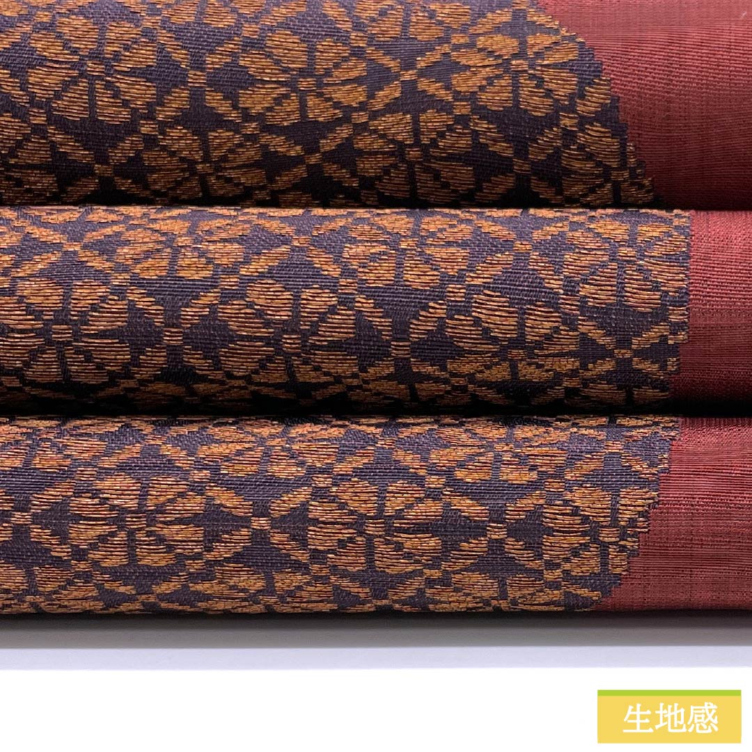 袋帯 正絹 生臙脂色（しょうえんじいろ）  紫烏色色（しうしょくいろ） 丸に七宝 丸に菊 帯丈436cm Sランク 六通 カジュアル 朱系 1123012502316