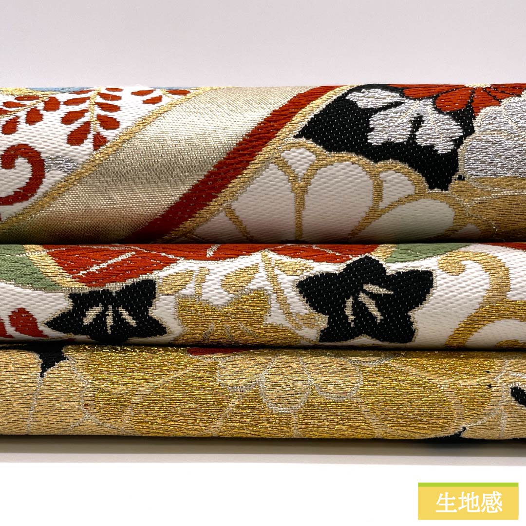 （未仕立）袋帯 正絹 Aランク 亀甲 振袖用 吉祥文様 桐  帯丈420cm 六通 フォーマル 金系 1123014203321
