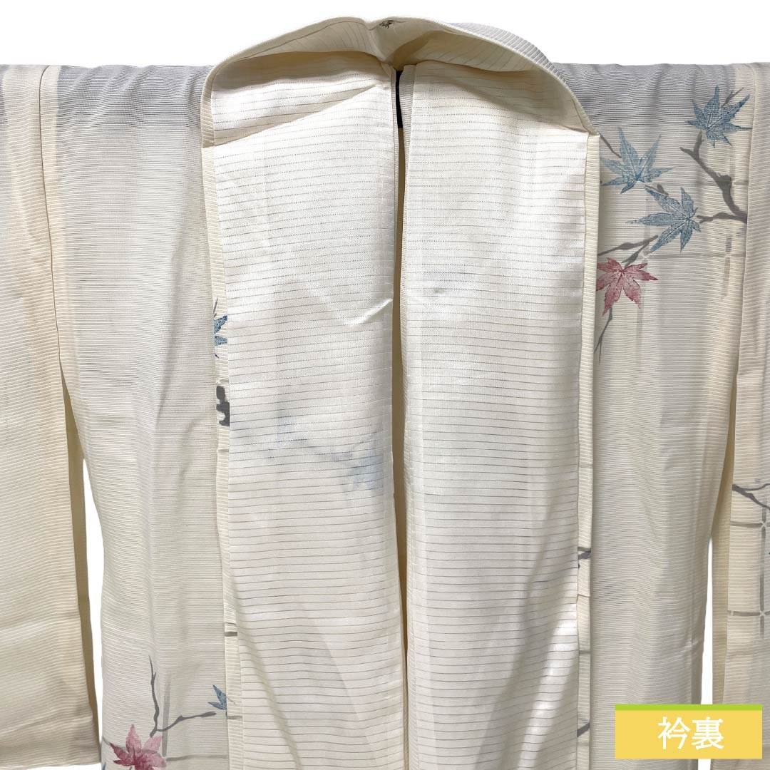 夏物 正絹 小紋 Sランク 身丈163.5cm 裄丈63.5cm 練色（ねりいろ） 紅葉 竹垣 絽 クリーム系 1132004722415