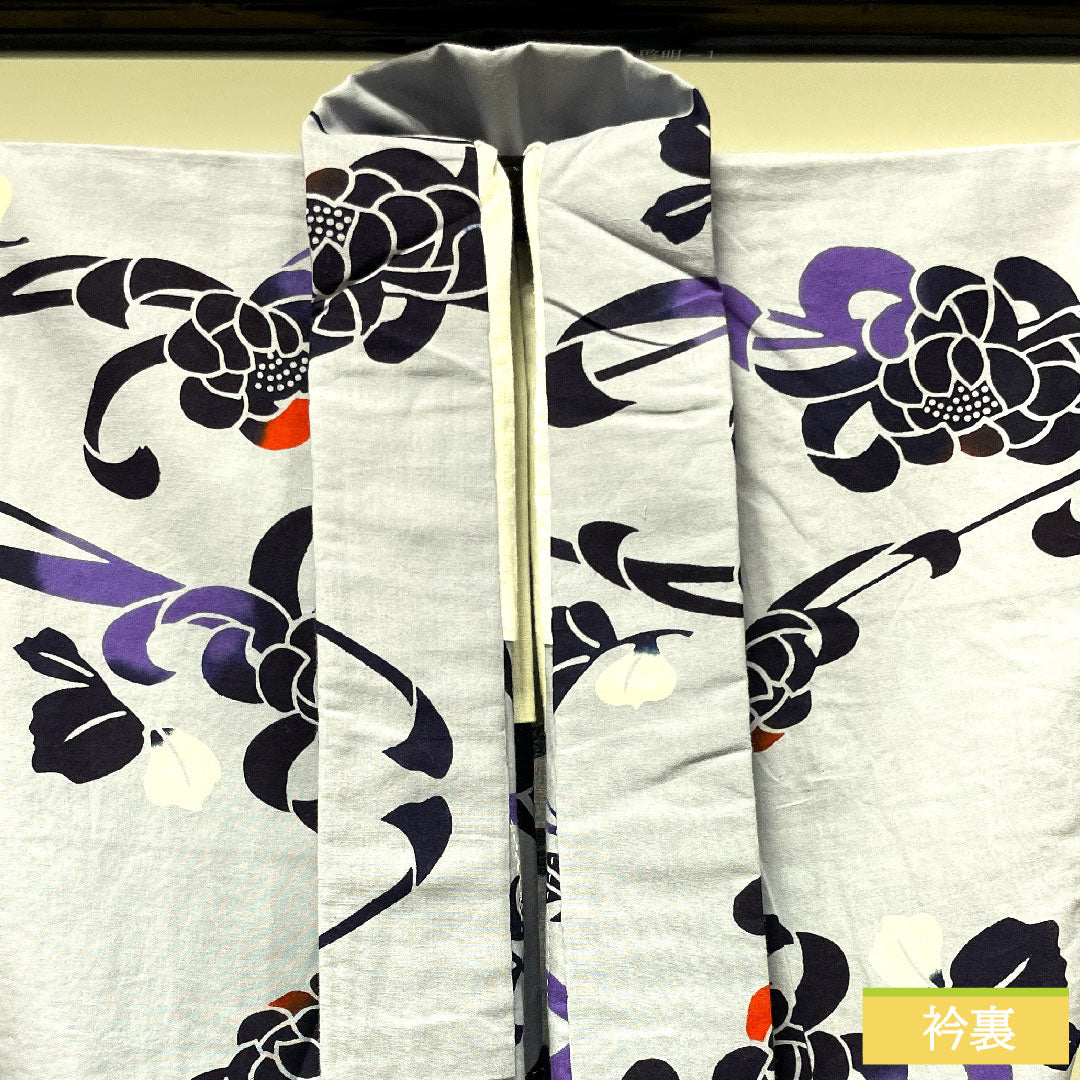 浴衣 木綿 身丈164cm 裄丈65.5cm Aランク 単衣 グレー系 白菫色（しろすみれいろ） 菊 1118004873422