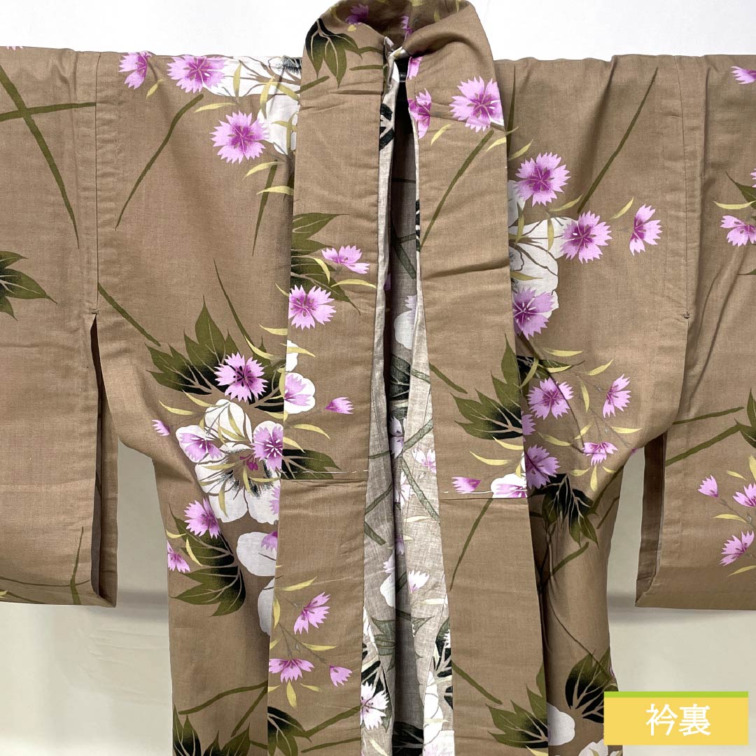 Cotton Yukata, Length 163.5cm, Sleeve Length 65.5cm, S Rank, Single Layer, Beige, Brownish Gray, Pink, 1118006202425