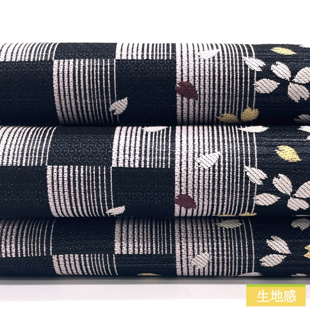 Pure silk obi with cherry blossom and checkered pattern, length 436cm, S rank, six-fold obi, semi-formal, black, 1123014452310