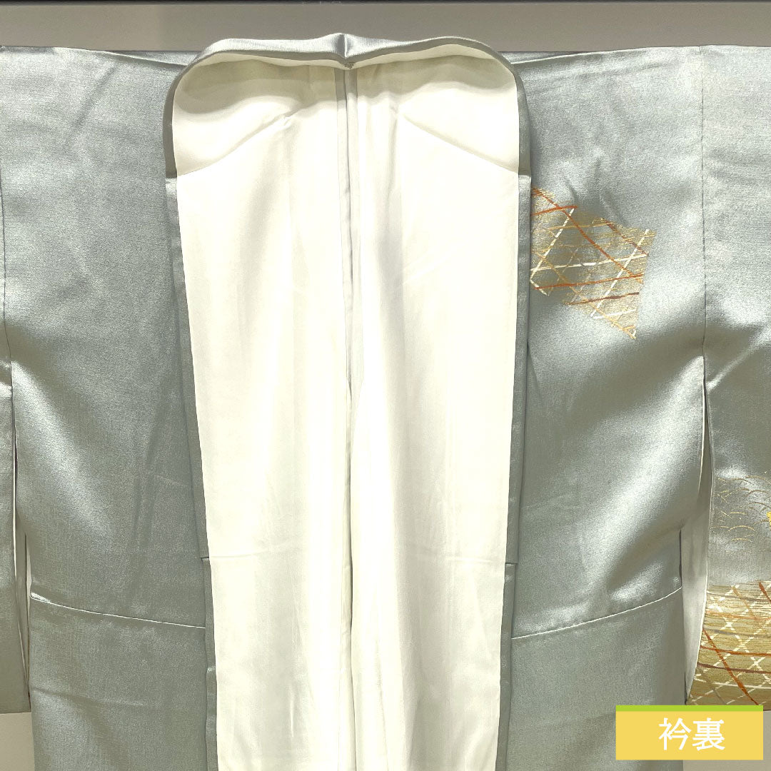 Homongi, pure silk, lined, length 154cm, sleeve length 65cm, Kyoto Yuzen, embroidery, A rank, green, 1112004123219