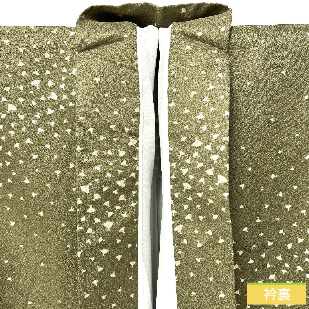 Small pattern, polyester, length 156cm, sleeve length 66.5cm, lined, antique brown, washable kimono, fan, S rank, green, 1115004602319