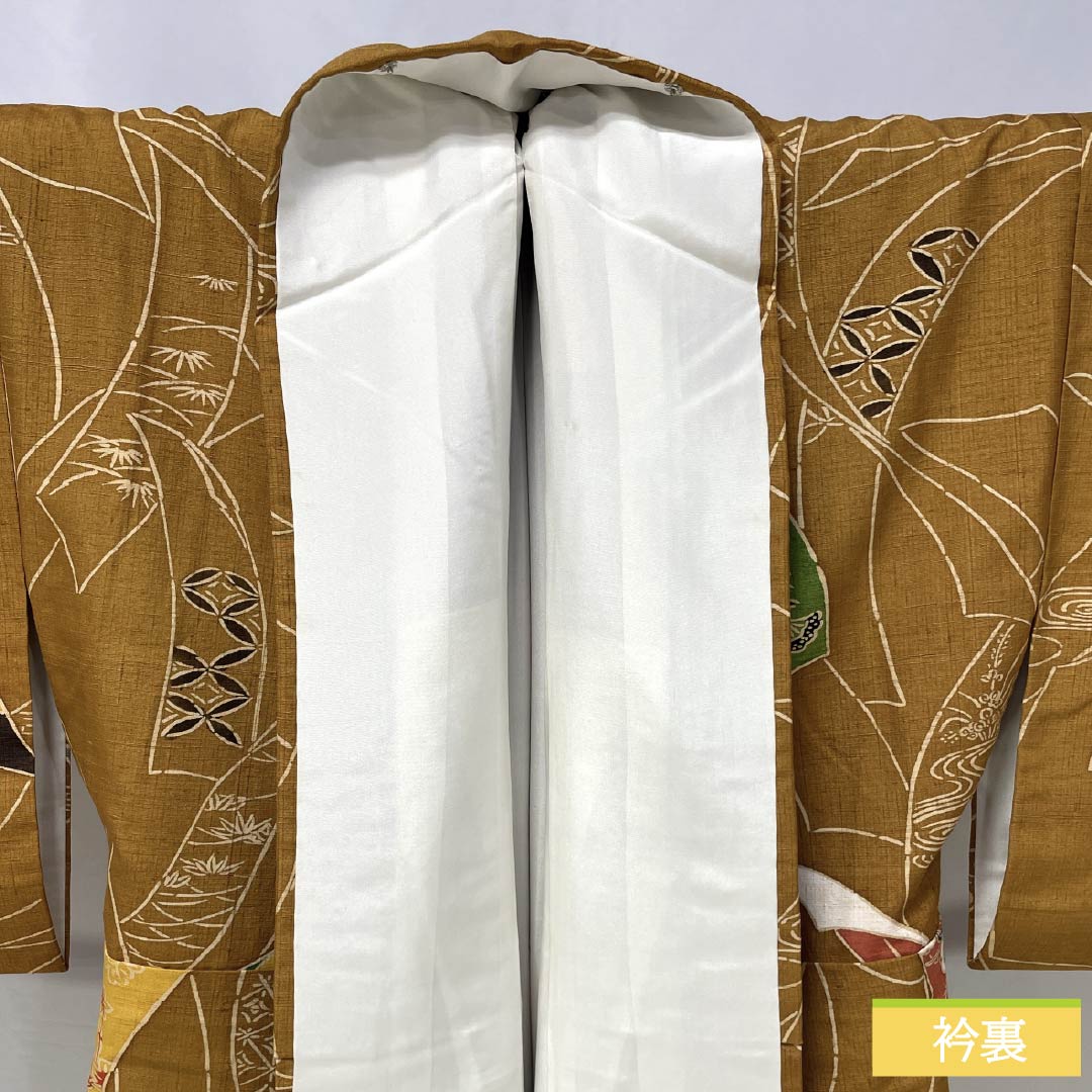 小紋 正絹 Aランク 身丈163.5cm 裄丈64.5cm 袷 金茶色（きんちゃいろ） 京紅型 短冊 紬地 橙系 1115006363426